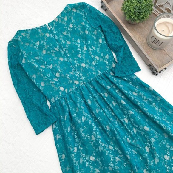 French Connection Teal Lace Long Sleeve Dress - Picture 11 of 14